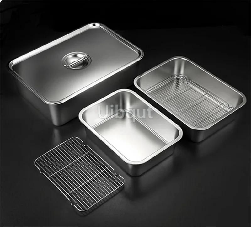 Deep Square Plate Basin with Rack Pallet Stainless Steel Bbq Fast Food Plate with Grid Mesh Dessert Dinner Set Restaurant Trays