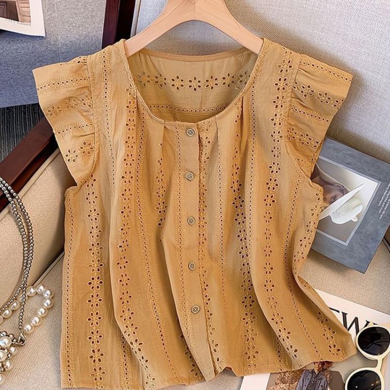 

Женская блузка с рукавами-буфами из французского кружева - Модная летняя модель 2025 года большого размера в стиле бэби-долл S suitable for under 95 lbs