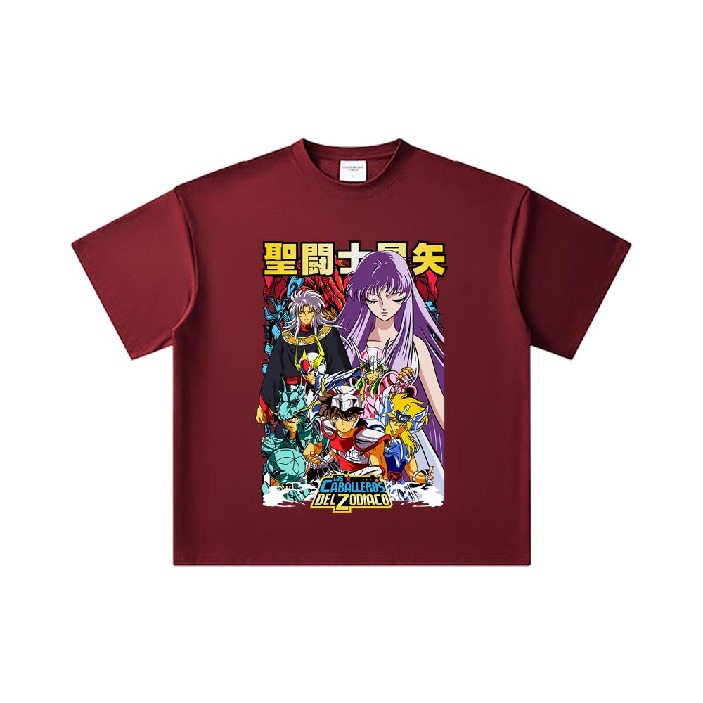 

260 GSM Double Yarn 32 Count 100% Cotton Saint Seiya V2 Print Unisex Heavy Cotton T Shirt 2XL вина червоного кольору