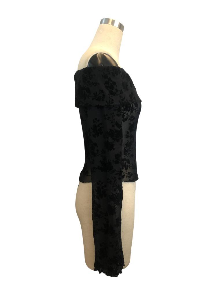 Women's Knitted Mesh Flocked Floral Print Strapless Flared Sleeve Slim T-shirt Tops Women Versatile Closet Essential Fashion Items Shirt