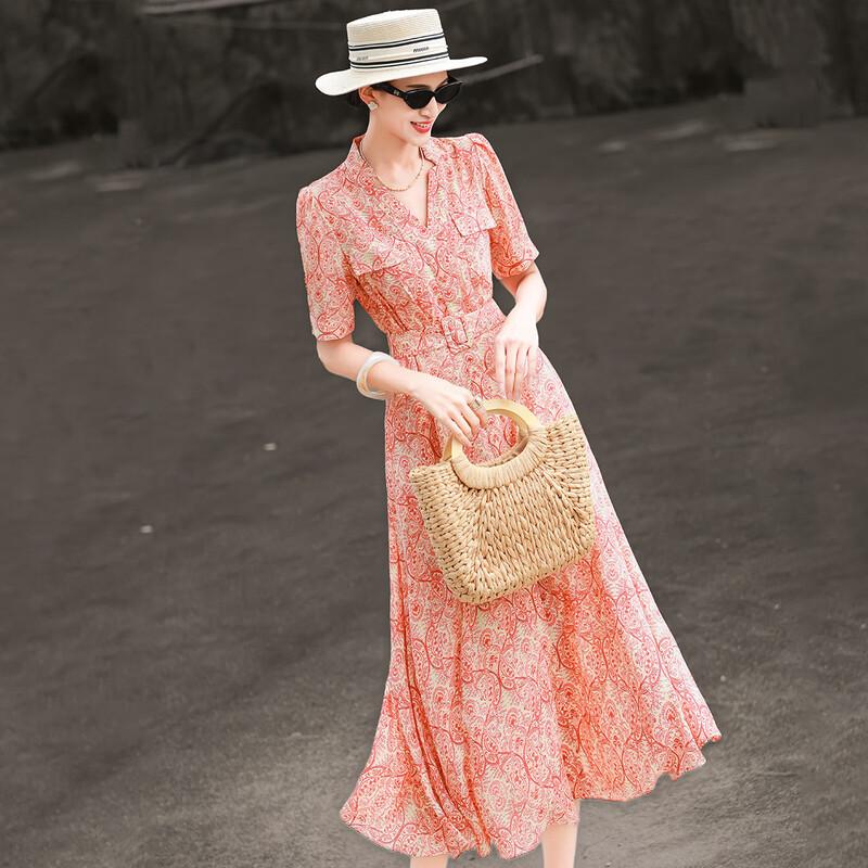 Lanseer 2026 Summer French V-Neck Printed Dress