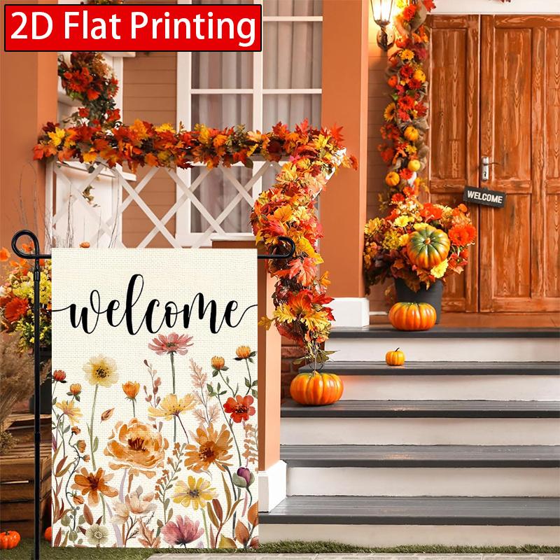2D Flat, 2D Flat Welcome Pumpkin Flowers Thanksgiving Garden Flag- Outdoor Garden Flag Double-sided Home Decoration Courtyard Decoration Outdoor Decor