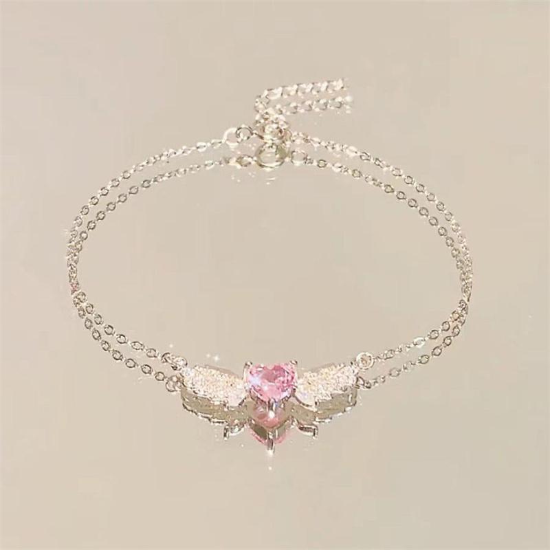 Crystal Angel Wings Pink Heart Pendant Necklaces Y2K Girl Women Heart Clavicle Chain Choker Fashion Jewelry Gifts