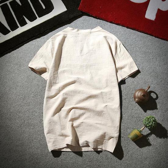 Men T-shirt Short Sleeves V Neck Button Solid Color Slim Fit Cotton Linen Summer Casual Male Tee Shirt Top Daily Wear