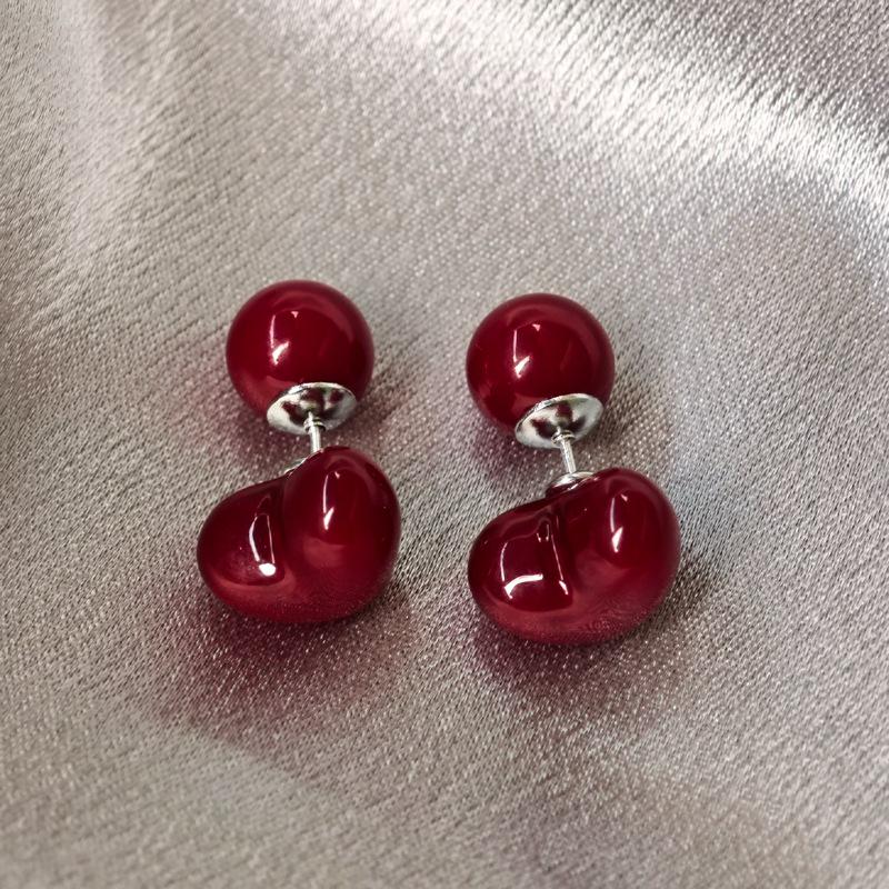 Korea Ancora Luxury Red Heart Stud Earrings with Unique Round Beads