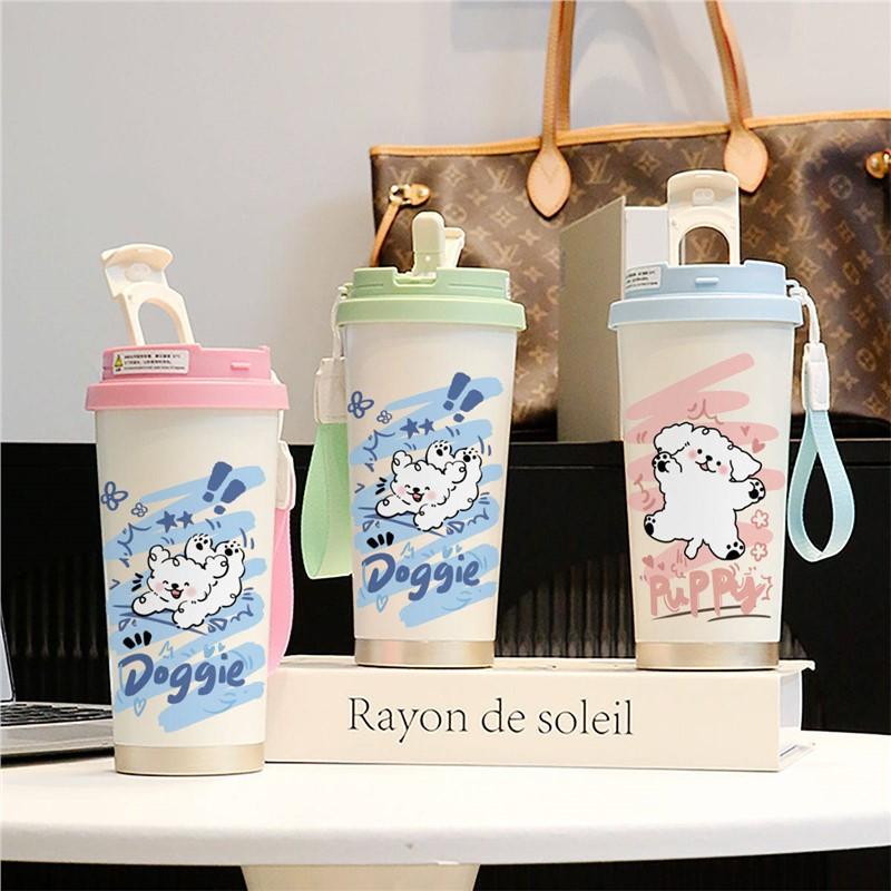Cartoon puppy thermos cup male and female students cute couple straw large capacity sports coffee cup portable car cup