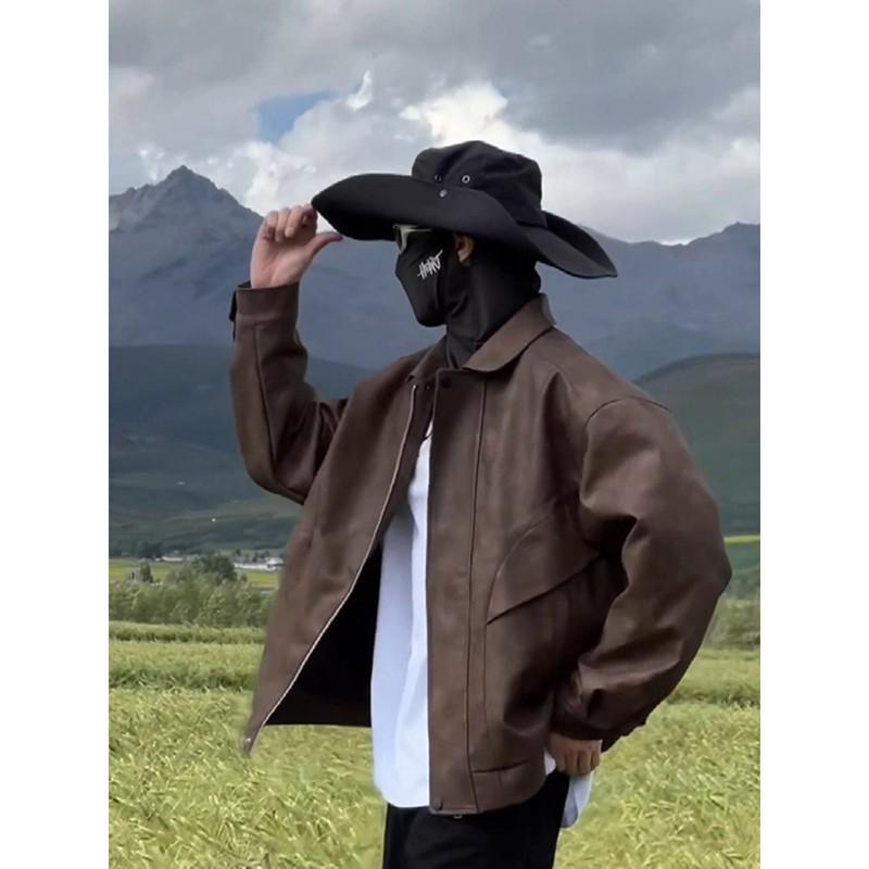 Men's Maillard Brown Waterproof Leather Biker Jacket - Spring/Autumn Turn-Down Collar