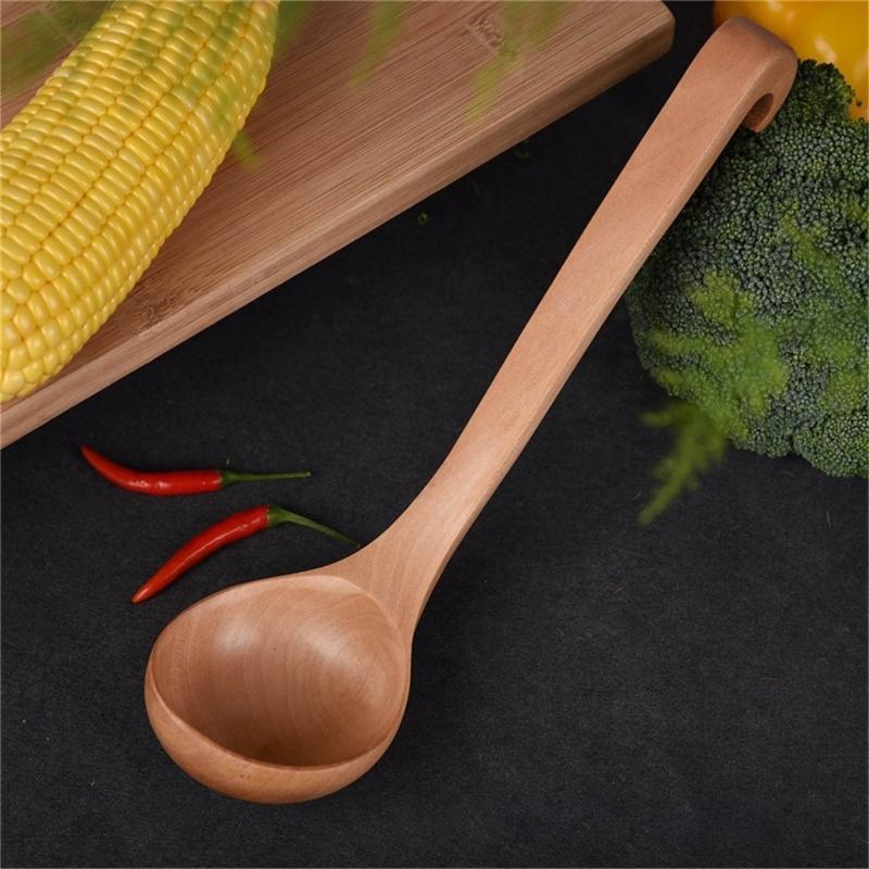 Heat Resistant Wooden Spoon with Long Hook-End Handle Ladle Scoops For Stirring Soup Stews And Hot Dishes Kitchen Tool