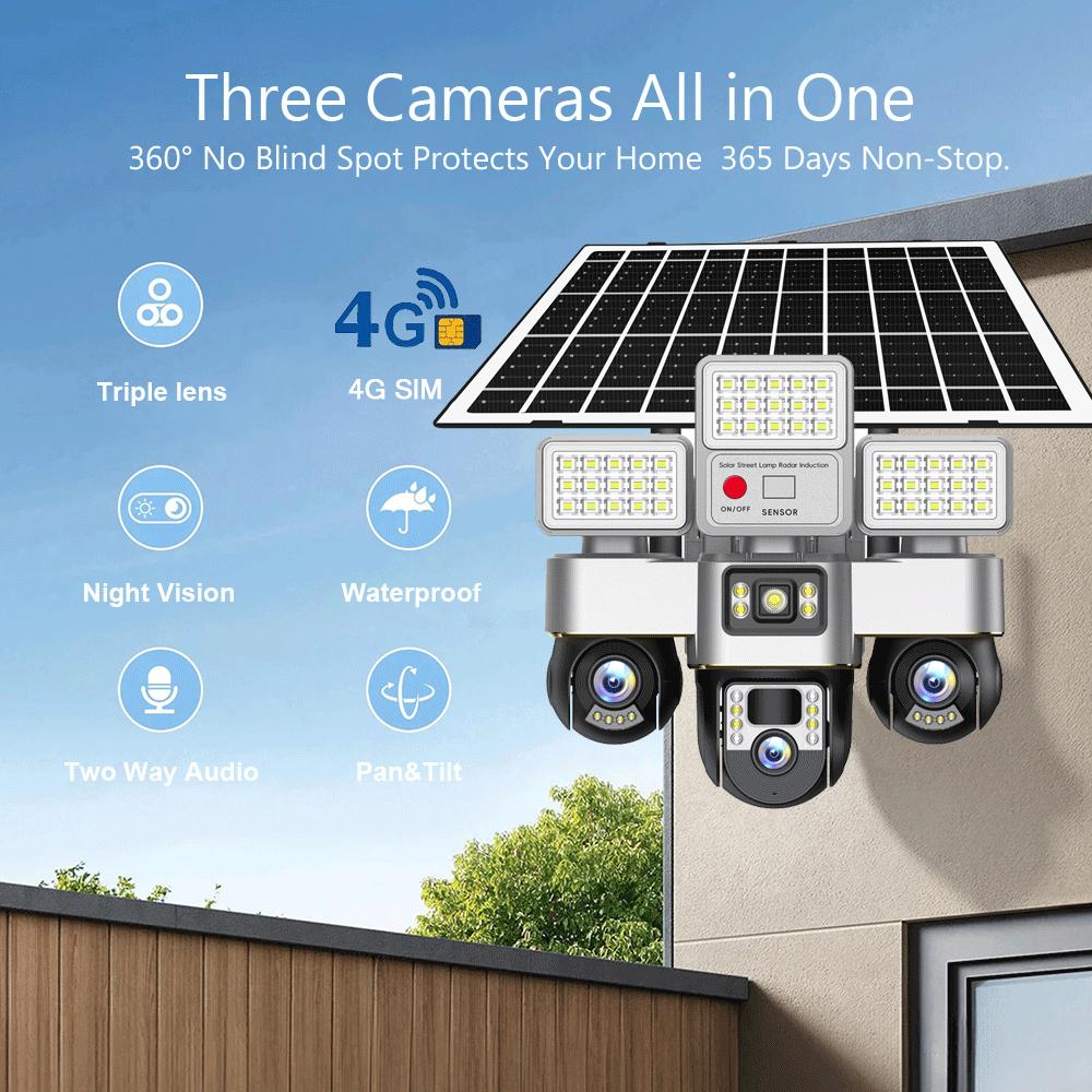 15MP Solar Security Camera – LED Light, 3-Screen Display, 4G SIM, Wireless, Remote Control Via V380 App