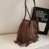 Bruine Suède Franje Tote Tas Dames Mode Schoudertas Met Gelaagde Kwastjes Boho Stijl Handtas Dagelijks Gebruik