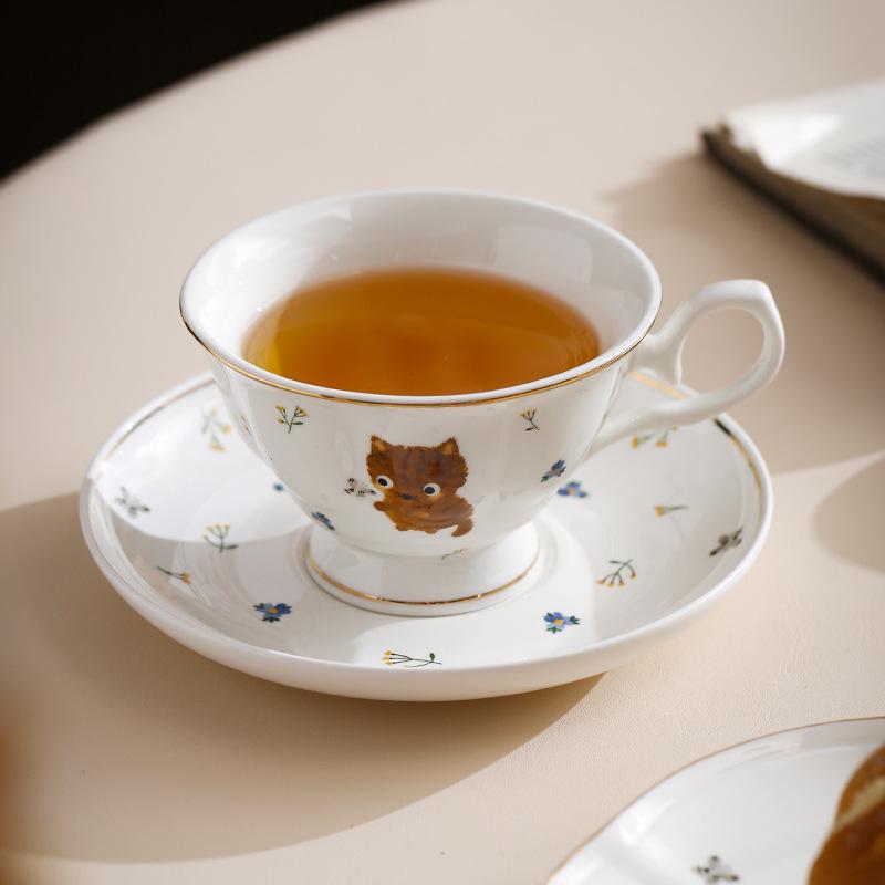 Ins Simple Pastoral Coffee Cup and Saucer High Value Afternoon Tea Cup and Saucer Cover + Ceramic Cat Flower Tea Cup Tea Set