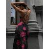 Shemoda Retro Rose Printing Slip Dress Female Elegant Sexy Backless Lace up Cinched Waist over-the-Knee Long Dress