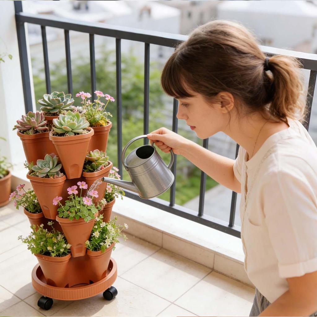 Plastic Stackable Vertical Flower Pot Multi-layer Garden Planter Tower with Movable Casters for Strawberry Vegetable Frame Grow