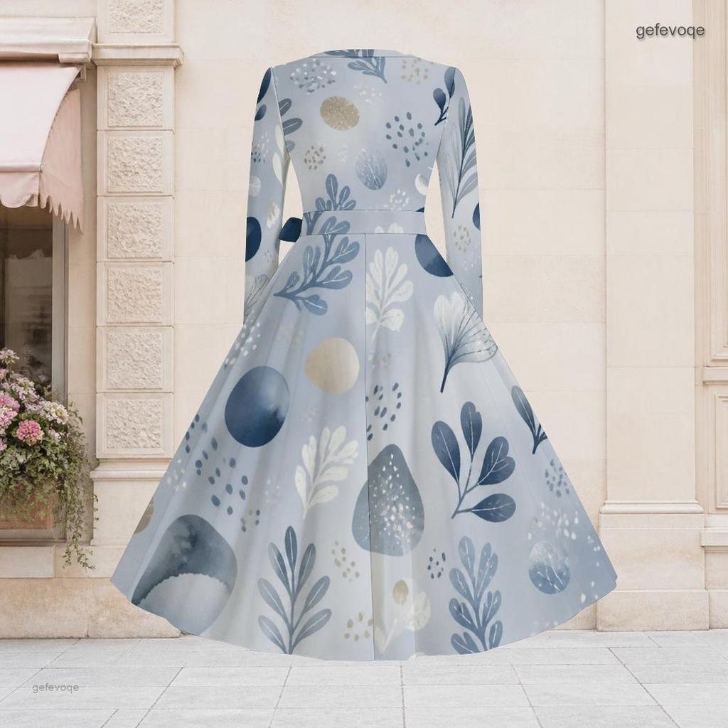 Women Plus Size V Neck Long Sleeve Printed Tie Waist A Line Flared Midi Dress
