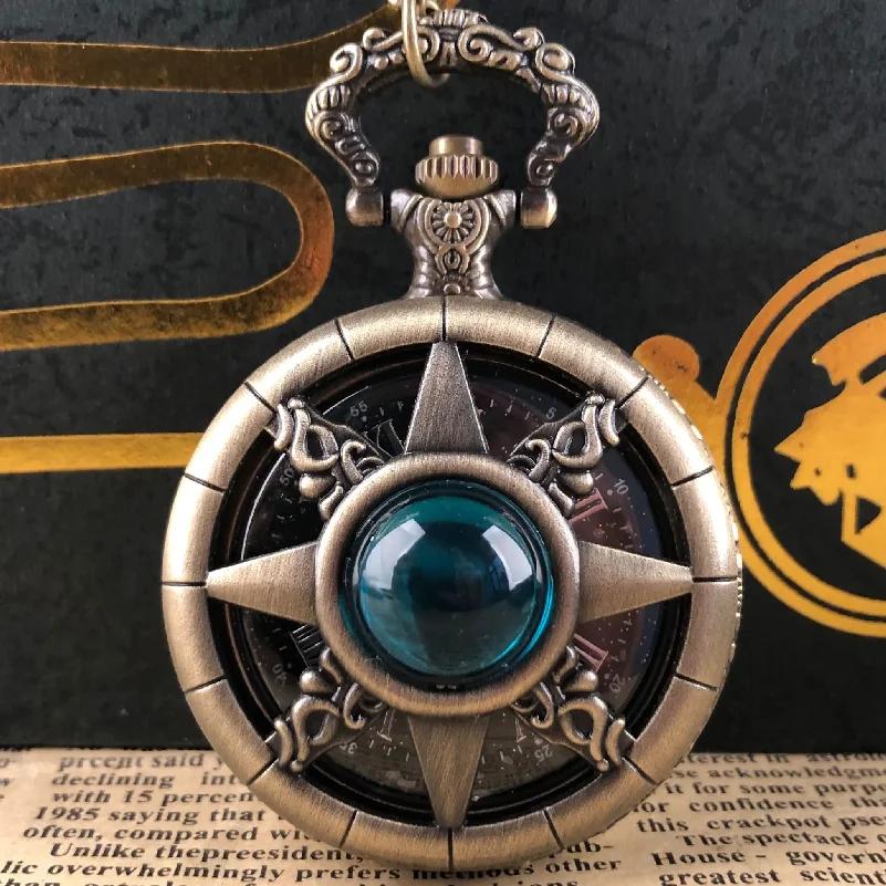 

10pcs/lot Wholesale Vintage Skeleton Blue Gemstone Pocket Watch Fashion Steampunk Women Necklace Pendant Clock Jewelry Gifts