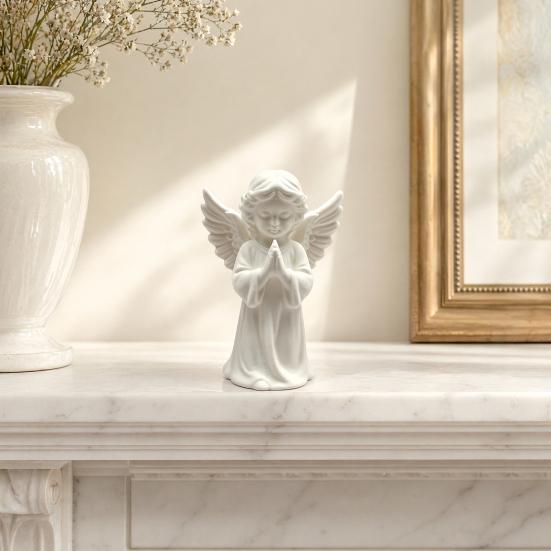DYS 3D Printed Praying Angel Statue, Elegant Matte White Cherub Figurine with Detailed Wings, Durable Minimalist Ornament for Living Room Decor