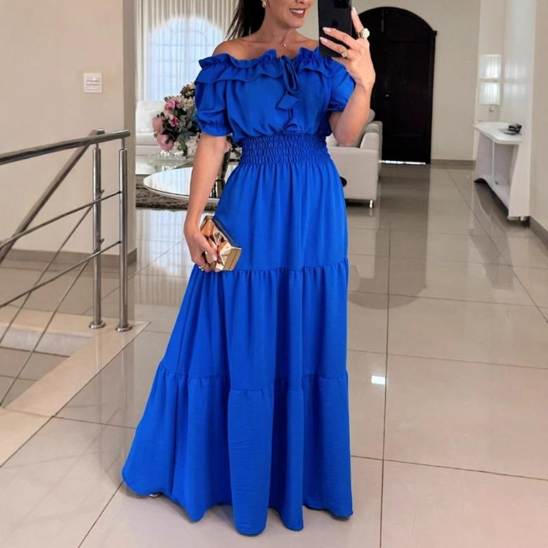 Neues modisches einfarbiges Schnür-Rüschenrand-One-Shoulder-Blusenärmel-Kleid Damenbekleidung