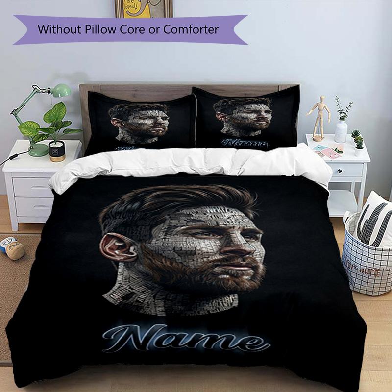 Messi Soccer Star Signature Portrait Personalized Name Bedding Set,Cozy Bed Linen for Teen Boys Bedroom Decoration,Perfect Birthday Gift,Washable Duve