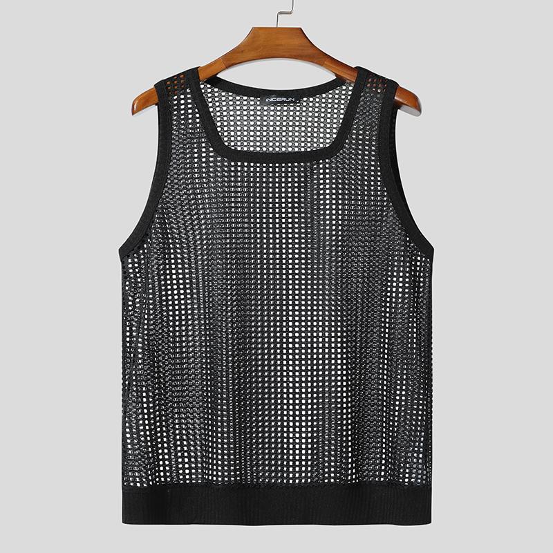 INCERUN Men Square Collar Sleeveless Hollow Out Casual Beach Tank Tops