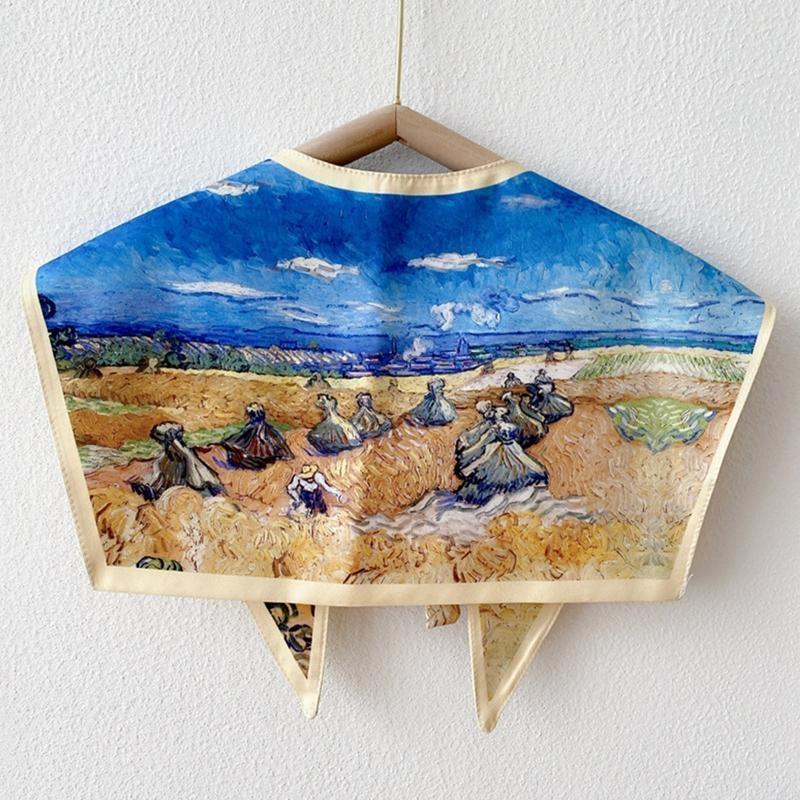 28GD Women Elegant Detachable Collar Scarf Vintage Colorful Landscape Oil Painting Print Shawl Wrap Lace-Up Decorative Shrug