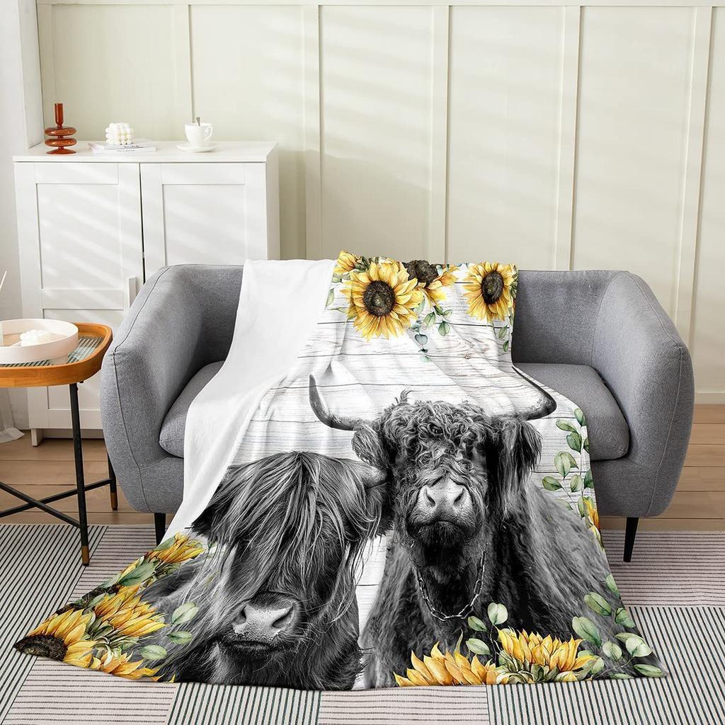 Sunflower Heights Cattle Digital-printed Polyester Bedroom Velvet Flannel Soft Sofa Cover Blanket Fleece Soft Sofa Cover