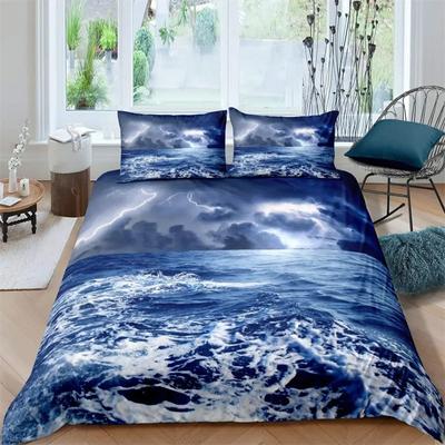 Set Copripiumino Lightning Onda Marina Disastri Naturali Paesaggio Marino Set Biancheria da Letto Nuvole Scure Misura King Poliestere Copripiumino
