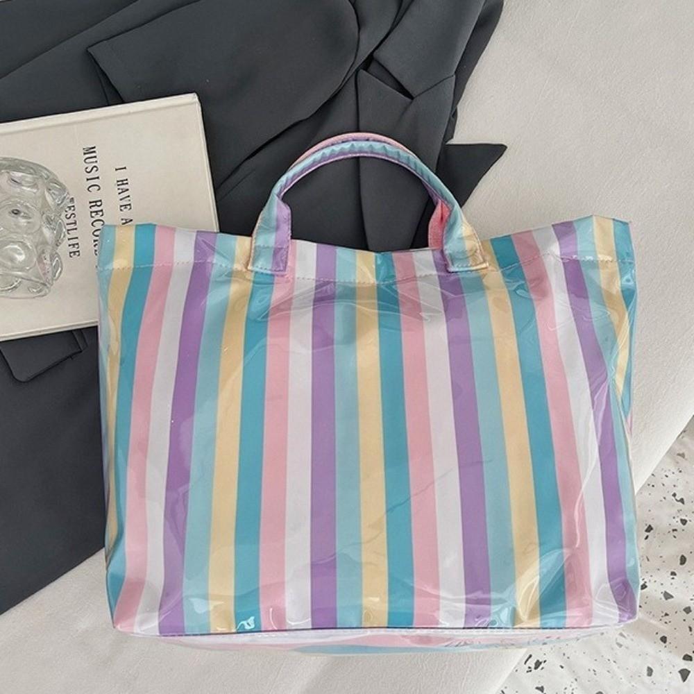 Large Capacity Striped Tote Bag Colorful Shoulder Bag Multi-Functional PVC Handbag Daily