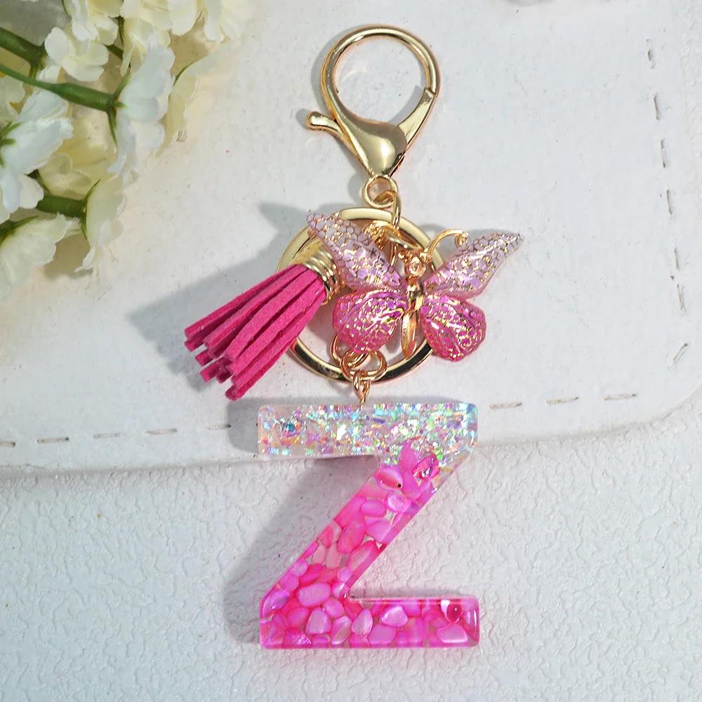Gradient Pink Jewelry Letter Keyring Resin Letter Keychain with Fringe Butterfly DIY Bag Decoration Pendant Party Gift