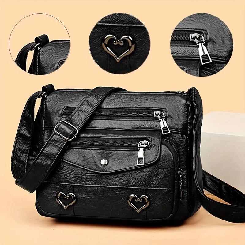 

Versatile Multi Pocket Shoulder Bag, Women s Brown Black Leather Messenger Bag with Heart Tassel Embellishments Adjustable Strap чёрный