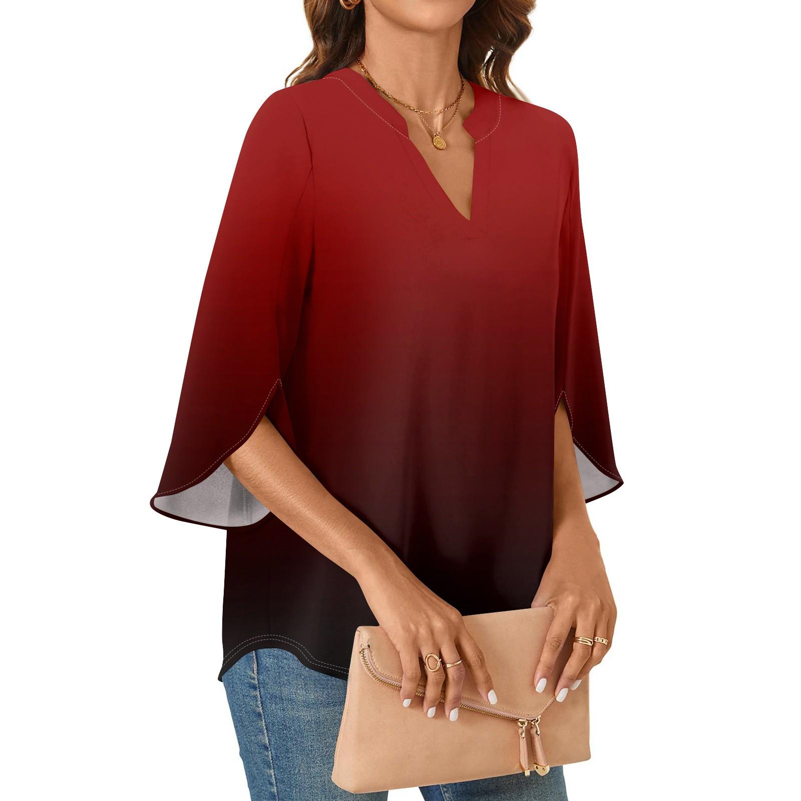 

Женские топы 3/4 с рукавами-колокольчиками и V-образным вырезом, блузки с градиентным принтом, рабочие туники, рубашки XL винный