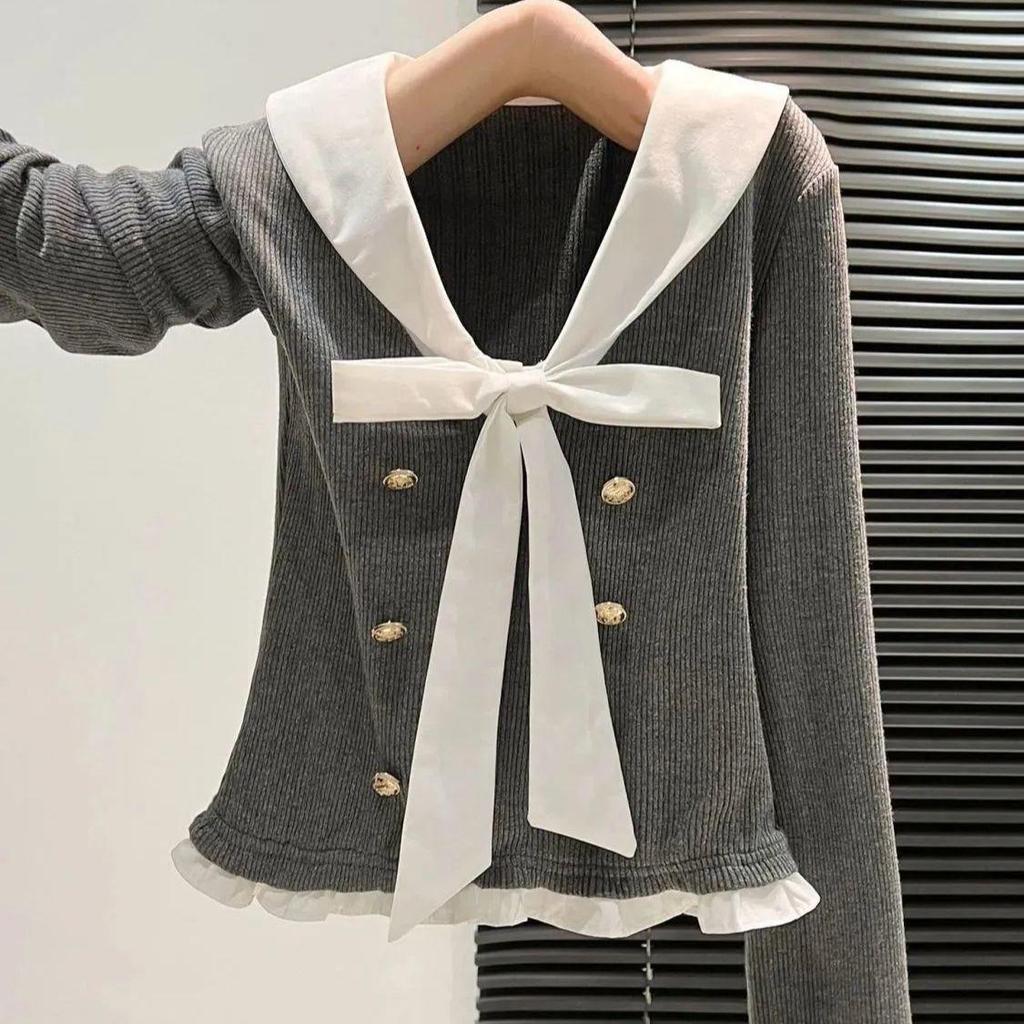 Zweiteiliges College-Stil Faux Longsleeve Oberteil mit Schleife für Damen – Slim Fit, Herbstmode Oberbekleidung