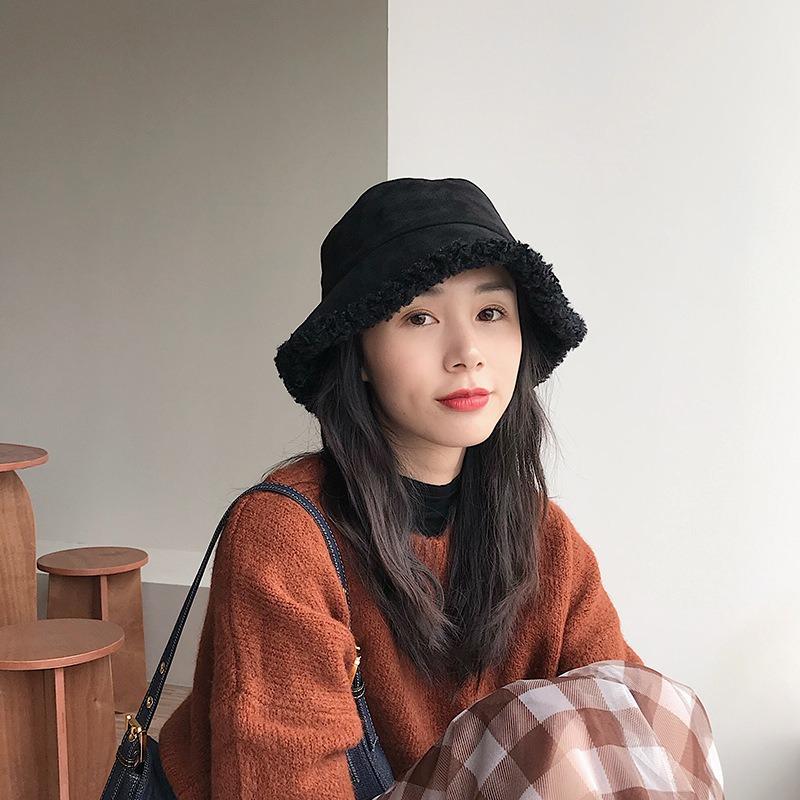 Suitable for Round Face Big Face Bucket Hat Girls Wide Face Can Wear Show Face Small Lamb Wool Basin Hat Double Side Can Wear Big Eaves Hat