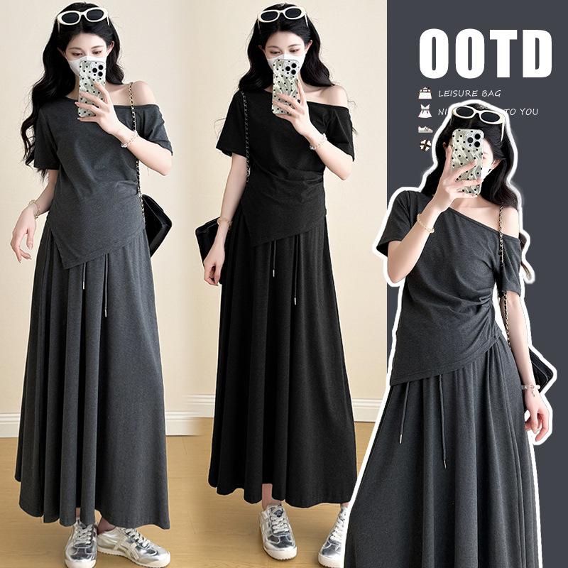 2026 Summer Irregular One-Shoulder Short-Sleeve Maternity Top & Pig Nose Button Midi Skirt Set Medium