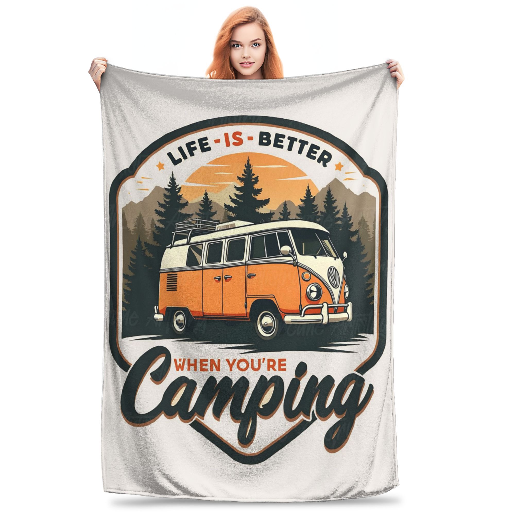 Exquisite Fashion Items Unisex Flannel Throw Blanket Campervan Happy Camper Warm Plush Blankets Soft Bedspread For Bed Living Room Home Travel Couch