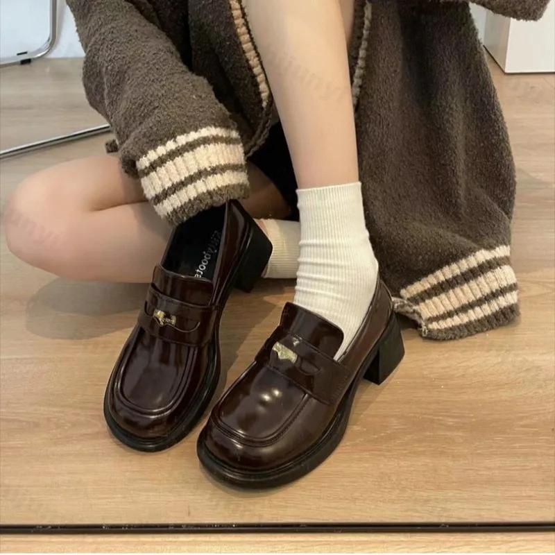 Fashion 2025 Spring Autumn Women's Loafers Retro Fashion Brown Height Increasing Anti Slip Pumps British Banquet Matching High Heels