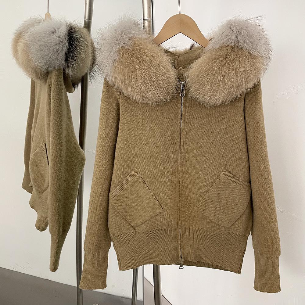 Korean Style Hooded Knit Cardigan with Large Genuine Fox Fur Collar - Luxurious Autumn/Winter Outerwear