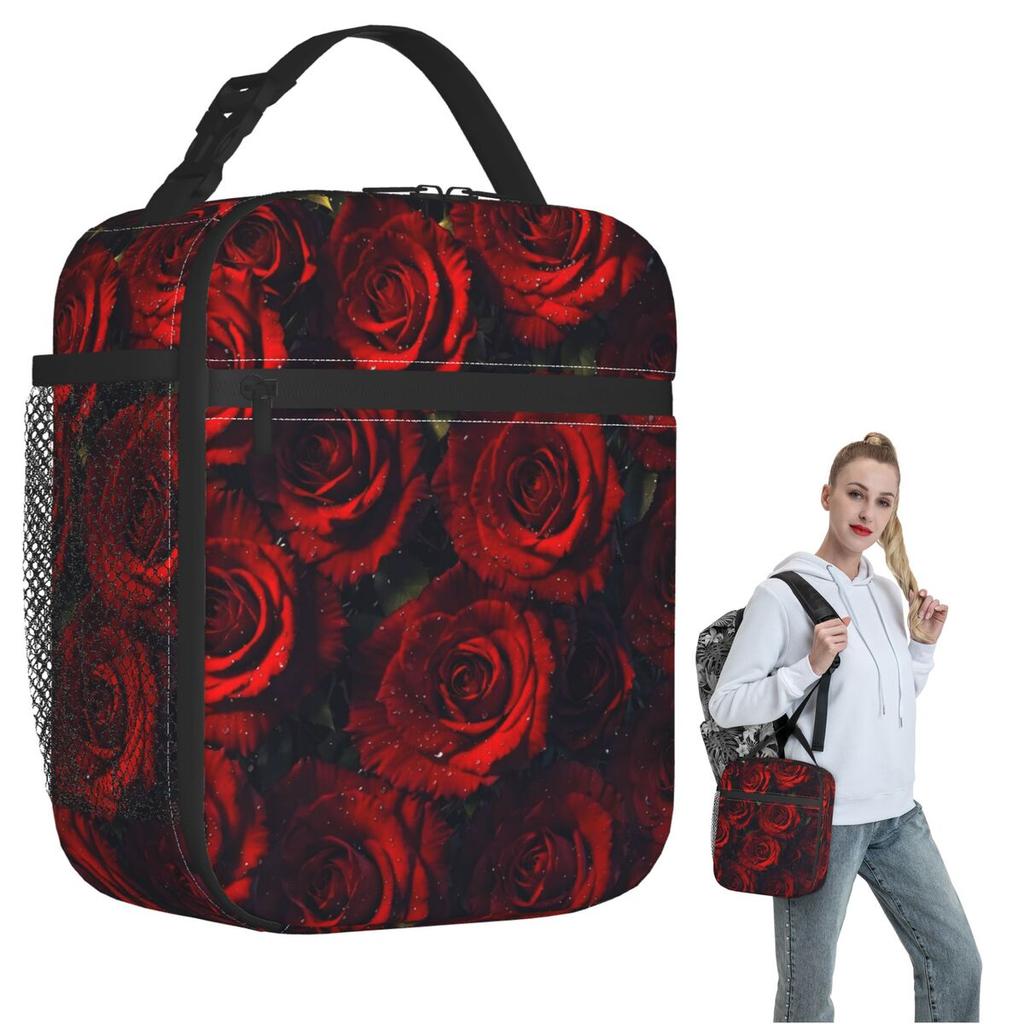 Red Rose Floral Design Insulated Lunch Bag for Women Kids Leakproof Food Boxes Thermal Lunch Box Tote