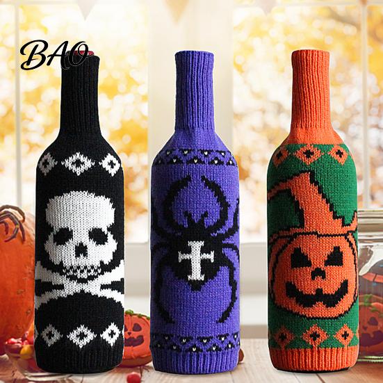 Wine Bottle Protector for Halloween Sweater, Reusable Knitted Champagne Cover, Pumpkin Skull Decorative Cover Spider Pattern Sleeve Decoration Dining