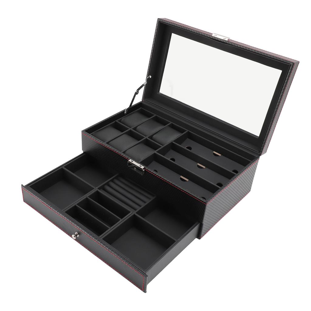 Pudełko na zegarki Etui na biżuterię Włókno węglowe Skóra PU 2 warstwy 6 przegródek Pudełko na zegarki i organizer na okulary przeciwsłoneczne