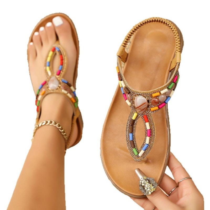 Sandals Women's New Flat Comfortable Toe Bead Sandals Holiday Wind Beach Shoes