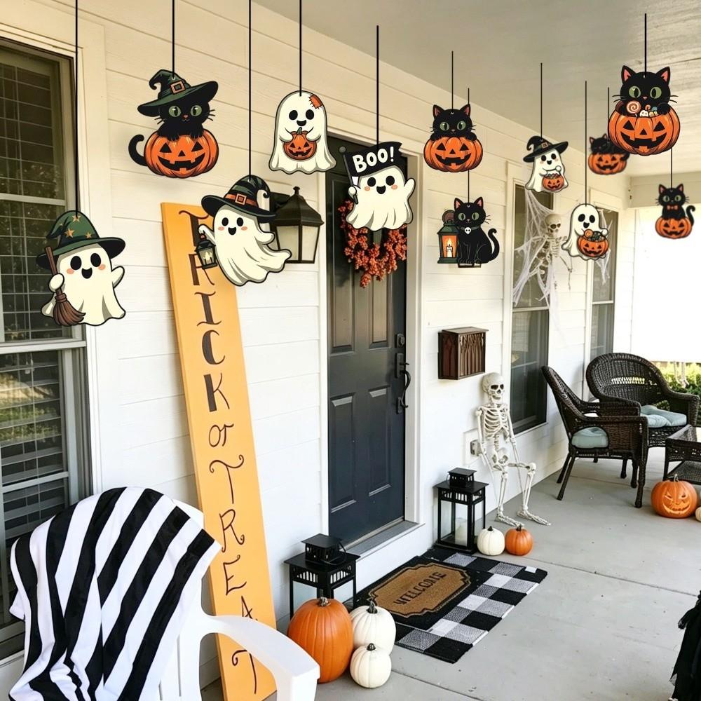 Cute Halloween Paper Hanging Ornament Cat Pumpkin Pendant Creative Ghost Ornament Yard Decor
