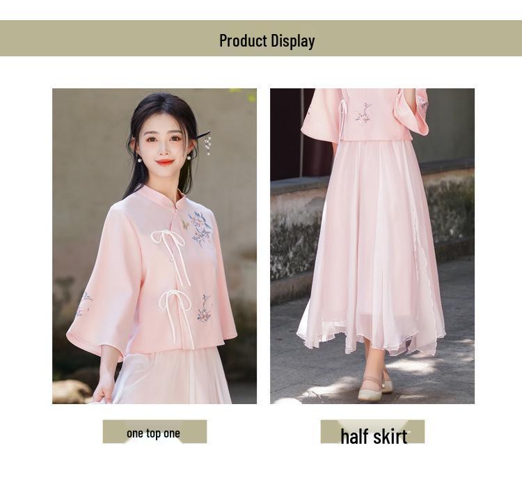 Costum Tang Retro Chinezesc Brodat și Set Top Cheongsam Inspirat de Hanfu pentru Femei