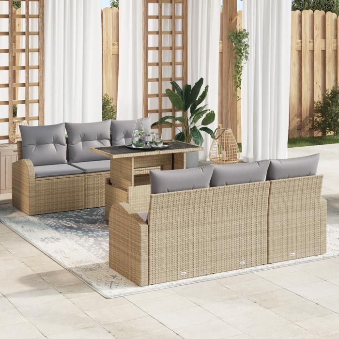 Ensemble de 7 Pièces de Canapés de Jardin avec Coussins Beige Poly Rattan, Canapé de Jardin 2 Places avec Rangement & 3357303