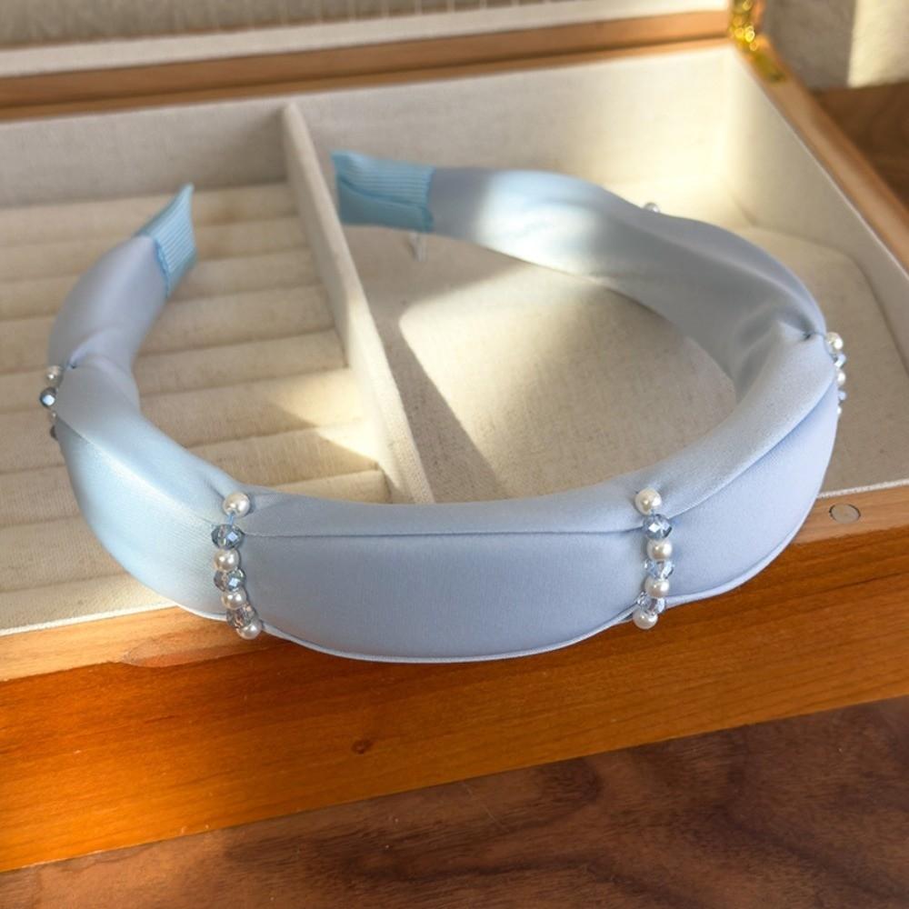 French Style Pearls Cloth Hair Hoop Rose Print Beige Blue Hair Band Beads Crystal Headband  Outdoor
