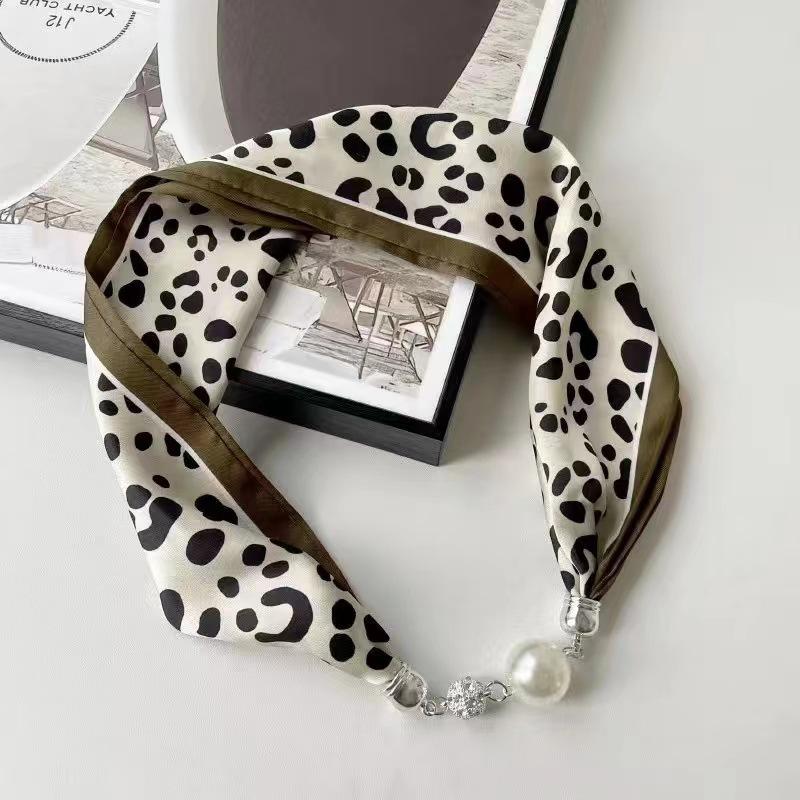 Live Season Magnet Buckle Silk Scarf Women'S Pearl Necklace Long Silk Scarf Headband Decorative Small Scarf