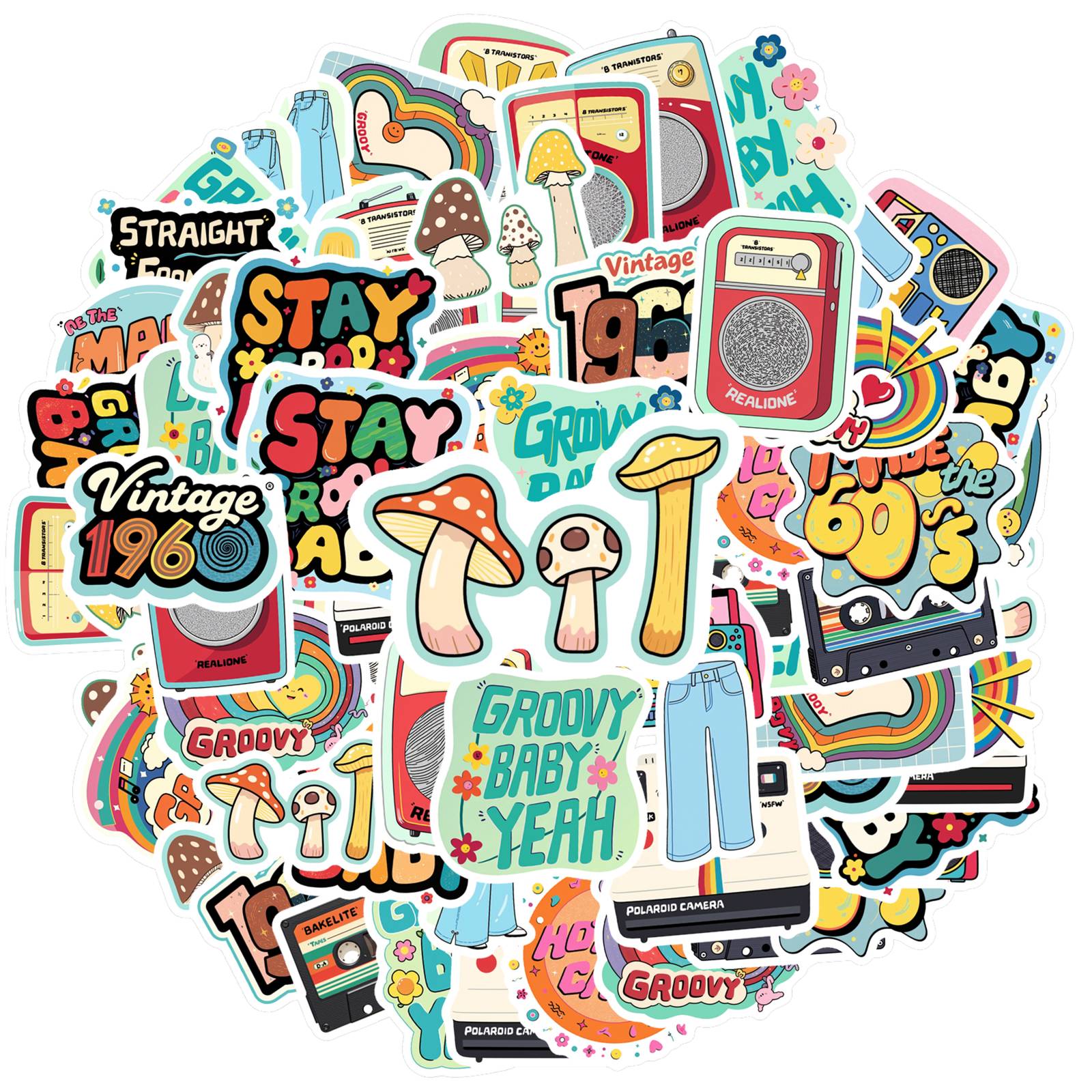 35pcs Funky Vintage Stickers Colorful Groovy Graffiti Decals Stickers For Guitar Laptop Helmet Skateboard Laptop Notebook