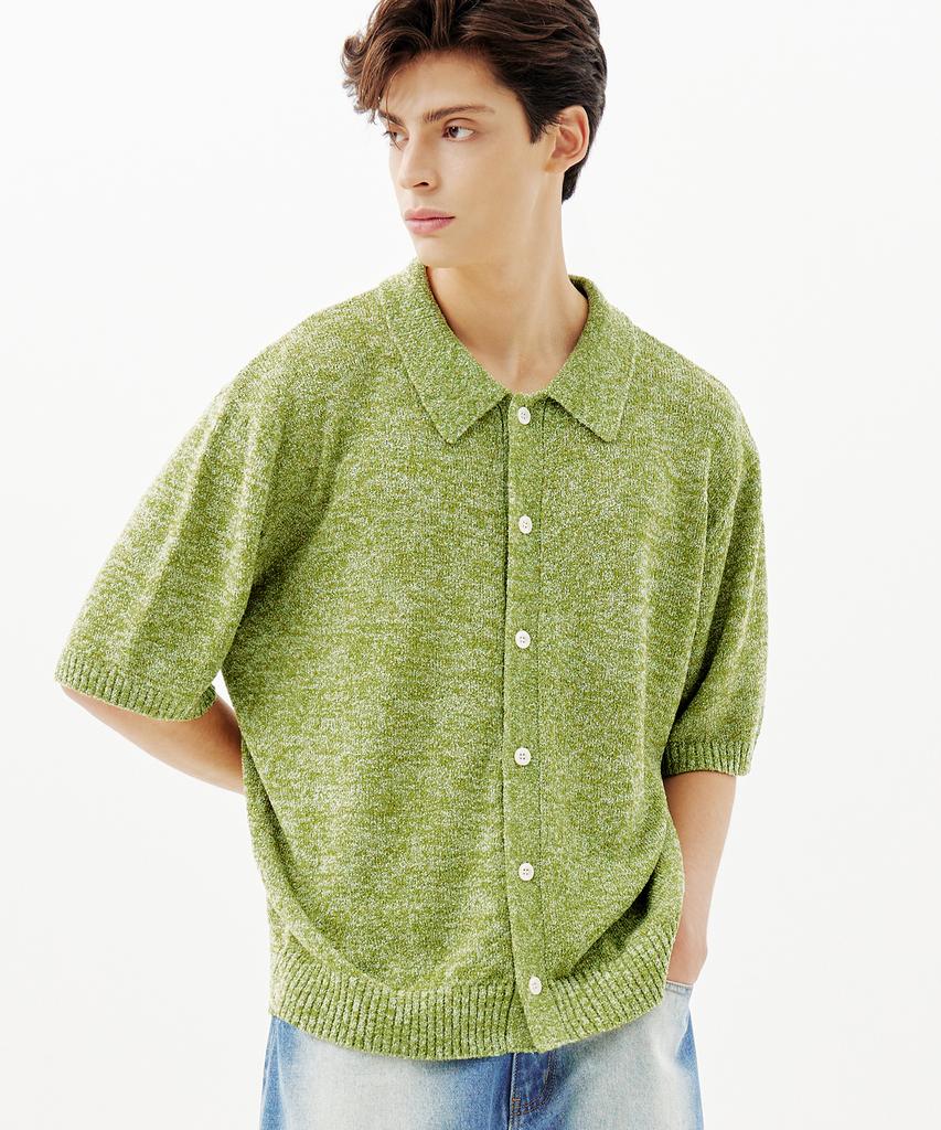 TRILLION Washable Boucle Collar Short Sleeve Knit (Melange Green)