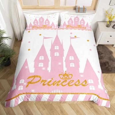 Princess Cartoon Castle Bedding Set Dreamy Fairy Tale Pink Comforter Cover Set Kids Girls Bedroom Decor Duvet Cover Microfiber