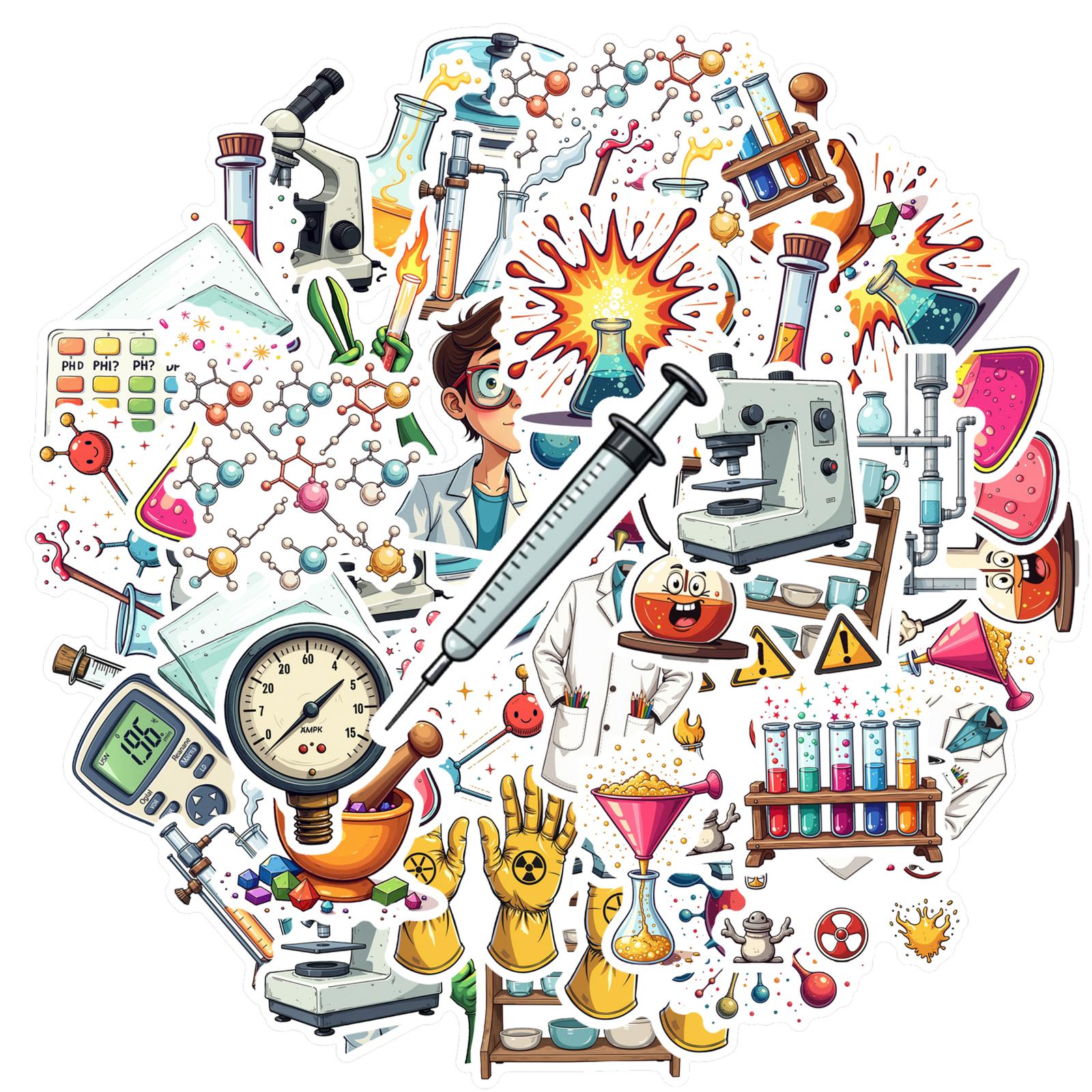

35-50pcs Cartoon Laboratory Chemistry Science Stickers Teaching Stationery Stickers Luggage Laptops Scrapbook Graffiti Decals
