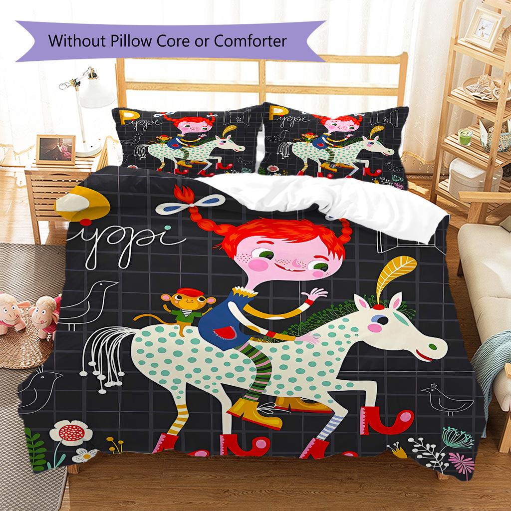 Pippi Longstocking Pattern Bedding,Quilt Set Quilt Cover Pillowcase Home Birthday Gift (1 * Duvet Cover + 2 * Pillowcase, Without Core)